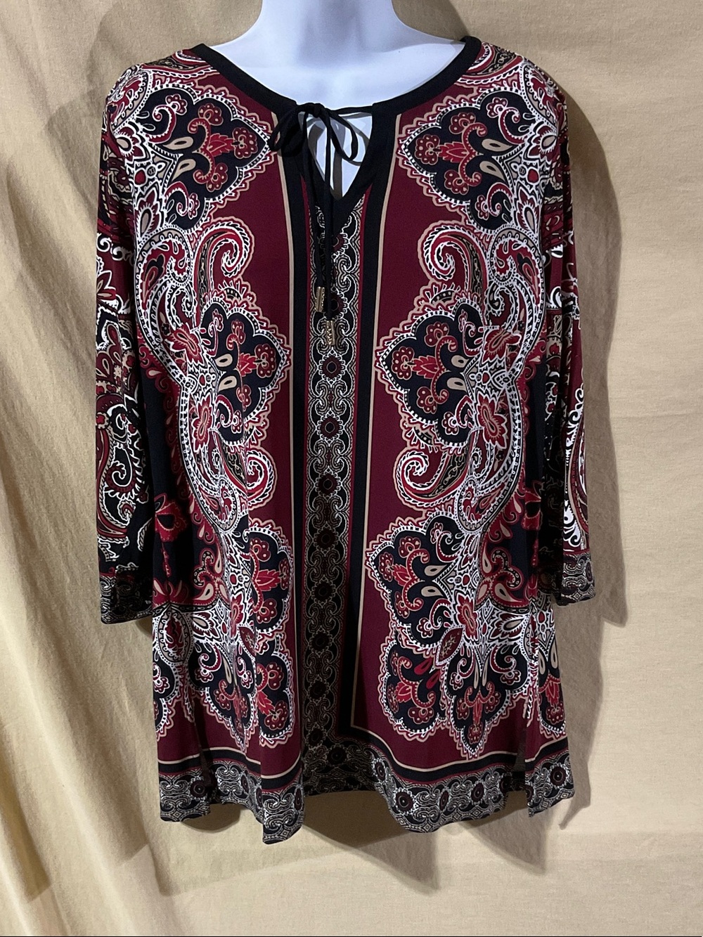 Susan Graver Size M Burgundy Paisley Tie-Neck Tunic with Black & Cream Accents
